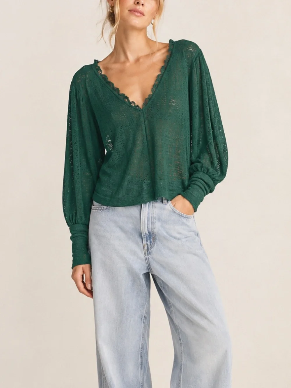 Free People Knit Pointelle Sweater Top Green V-Neck sz M